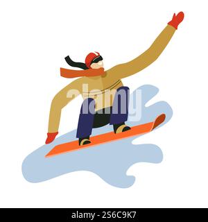 Athlete or snowboarder jumping on snowboard, winter sport, isolated male character vector. Outdoor activity, guy in scarf snowboarding in mountains. Sportsman, active lifestyle, extreme on snowy slope. Winter sport, man on snowboard, snowboarder jumping from slope Stock Vector