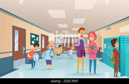 School break. Trouble pupils and students disorganized at school break in corridor vector cartoon characters. Illustration of hallway corridor college and university interior. School break. Trouble pupils and students disorganized at school break in corridor vector cartoon characters Stock Vector