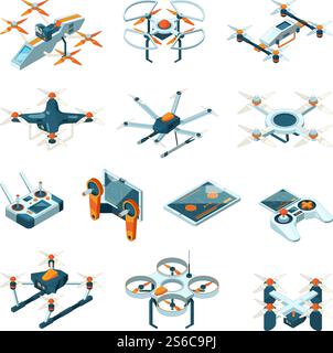 Drones. Aircraft innovation aerial technique vector aviation pictures isometric. Innovation drone control, remote equipment flight illustration. Drones. Aircraft innovation aerial technique vector aviation pictures isometric Stock Vector