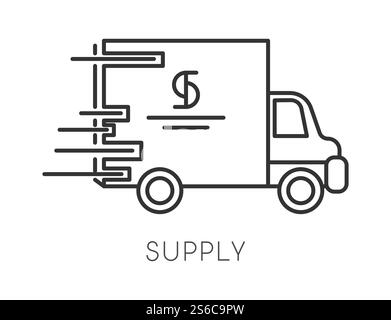 Logistics, supply isolated linear icons, transportation and distribution vector. Vehicle, delivery and cargo transport, shipping to warehouse. Fast service truck outline symbol, product spreading. Supply isolated linear icon, logistics and transportation or distribution Stock Vector