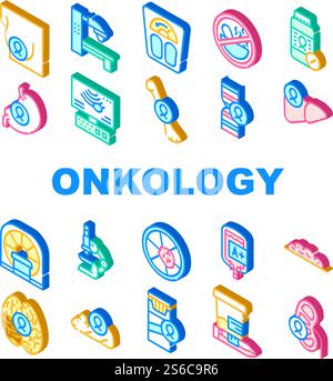 Oncology Examination Collection Icons Set Vector. Oncology Radiation Therapy Machine And Human Organ Cancer, Blood For Transfusion And Melanoma Isometric Sign Color Illustrations. Oncology Examination Collection Icons Set Vector Stock Vector