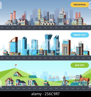 Town flat. Ecology industrial smart city architectural objects different buildings factory vector horizontal illustrations. Skyline smart town, skyscraper building economic. Town flat. Ecology industrial smart city architectural objects different buildings factory vector horizontal illustrations Stock Vector