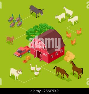 Isometric farm vector concept. Livestock, farm birds, barn 3d illustration. Isometric 3d farm, birds goose and duck. Isometric farm vector concept. Livestock, farm birds, barn 3d illustration Stock Vector