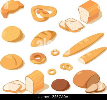 Cooking bread. Bakery food fresh pastries black and white bread delicious pretzel loaf vector isometric pictures. Illustration of bread food, loaf and baguette. Cooking bread. Bakery food fresh pastries black and white bread delicious pretzel loaf vector isometric pictures Stock Vector