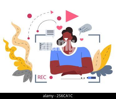 Internet blogger, profession or hobby, girl recording video vector. Beauty or info blog, woman sitting and speaking, vlog creation. Web blogging, online mass media and webinar or tutorial record. Girl recording video, Internet blogger, beauty blog Stock Vector
