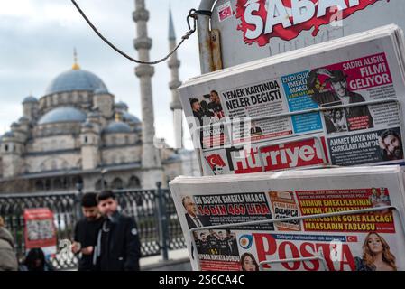 Istanbul, Turkey. 08th Jan, 2025. Turkish daily newspapers displayed on a stand near the Yeni Camii or New Mosque in the Eminonu district of Istanbul. (Photo by John Wreford/SOPA Images/Sipa USA) Credit: Sipa USA/Alamy Live News Stock Photo