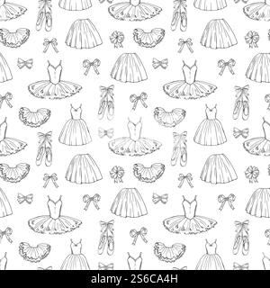 Hand sketched vector ballet dresses and shoes seamless pattern. Ballet dress and tutu, skirt classic illustration. Hand sketched vector ballet dresses and shoes seamless pattern Stock Vector