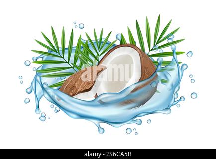 Coconut water vector concept. Realistic coconut, water splashes and palm leaves. Illustration coconut with water, exotic fresh coco. Coconut water vector concept. Realistic coconut, water splashes and palm leaves Stock Vector