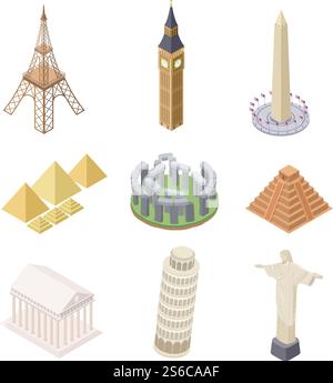Isometric landmark. Famous building travel landmarks pyramids leaning tower big ben eiffel tower infographics world map vector set. Travel landmark, statue architecture, eiffel tower illustration. Isometric landmark. Famous building travel landmarks pyramids leaning tower big ben eiffel tower infographics world map vector set Stock Vector