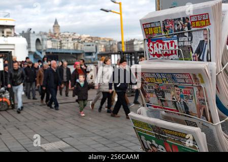 Istanbul, Turkey. 08th Jan, 2025. Turkish daily news and sports papers displayed on a stand as passengers disembark the ferry from the Asian side of Istanbul. (Photo by John Wreford/SOPA Images/Sipa USA) Credit: Sipa USA/Alamy Live News Stock Photo