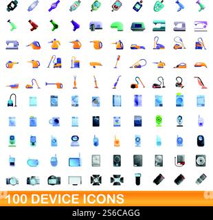 100 device icons set. Cartoon illustration of 100 device icons vector set isolated on white background. 100 device icons set, cartoon style Stock Vector