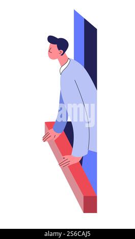 Window side view, man profile looking out from apartment building, guy watching street from flat vector. Evening or morning in big city or town. Male character breathing fresh air, spring or summer. Man profile looking out from apartment, window side view Stock Vector