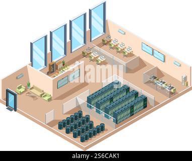 Data center. Computers server rooms interior cooling generators battery containers industrial data center building vector isometric. Server computer room, system network database illustration. Data center. Computers server rooms interior cooling generators battery containers industrial data center building vector isometric Stock Vector
