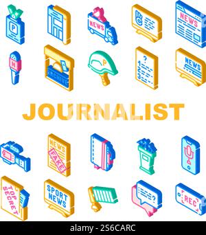 Journalist Accessories Collection Icons Set Vector. Journalist Badge And Helmet, Microphone And Video Camera Device, Sport And Fake News Isometric Sign Color Illustrations. Journalist Accessories Collection Icons Set Vector Stock Vector