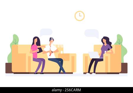 Family psychoteraphy, couple on reception at the psychologist vector illustration. Couple psychotherapy, husband and wife visit psychologist. Family psychoteraphy, couple on reception at the psychologist vector illustration Stock Vector