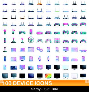 100 device icons set. Cartoon illustration of 100 device icons vector set isolated on white background. 100 device icons set, cartoon style Stock Vector