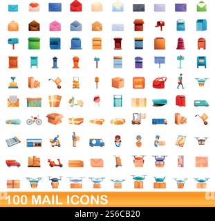 100 mail icons set. Cartoon illustration of 100 mail icons vector set isolated on white background. 100 mail icons set, cartoon style Stock Vector