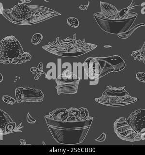 Food meat burrito and seafood salad with shrimps seamless pattern vector monochrome sketch outline herbs, and parsley colorless dishes served on plate with seasoning ingredients for food nutrition. Food meat burrito and seafood salad with shrimps pattern Stock Vector
