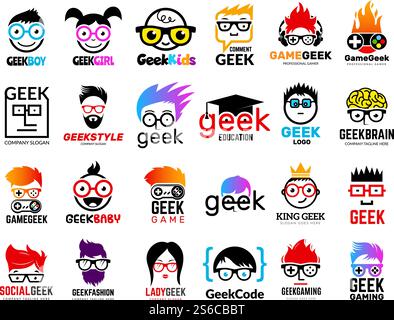 Geek logo. Business badges symbols of gamers nerd smart characters easy learning face with glasses vector collection. Illustration of nerd and geek man in glasses, genius creativity logo. Geek logo. Business badges symbols of gamers nerd smart characters easy learning face with glasses vector collection Stock Vector