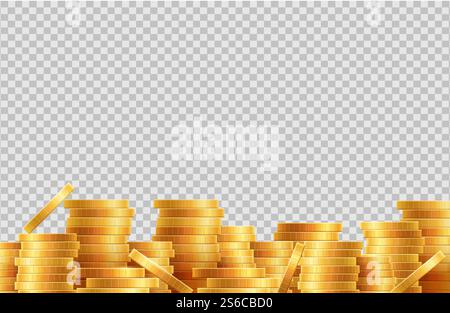 Stacks of coins vector. Lot golden coins isolated on transparent background. Illustration stack wealth golden coins, treasure investment financial. Stacks of coins vector. Lot golden coins isolated on transparent background Stock Vector