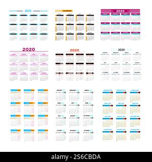 Calendar 2020 template, weekend in red colors, new year in clean minimal table vector. Holiday event planner, week starts Sunday or Monday.12 month annual timetable diary, organization and business. Planner or 2020 calendar template, minimal table or timetable Stock Vector