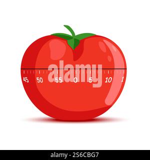 Kitchen clock in form of red tomato with leaf vector isolated pomodoro mechanical timer with timeline for accurate cooking, and boiling time shape of round food making productivity flat style baking. Kitchen clock in form of red tomato with leaf vector Stock Vector
