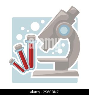 Donor center or medical lab, blood test and donation, microscope and flasks isolated icon vector. Hematology, clinical analysis, medicine and healthcare. Laboratory equipment for donating, charity. Blood test and donation, donor center isolated icon, microscope and flask Stock Vector