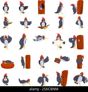 Woodpecker icons set. Cartoon set of woodpecker vector icons for web design. Woodpecker icons set, cartoon style Stock Vector