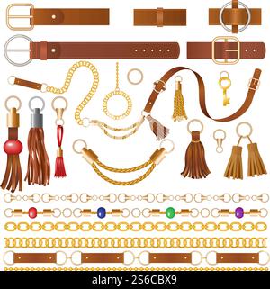 Leather elements. Fabric decoration for clothes luxury chains straps and embroidery braided details vector illustrations. Fringe and leather bracelet, strap embroidery. Leather elements. Fabric decoration for clothes luxury chains straps and embroidery braided details vector illustrations Stock Vector