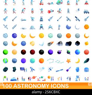 100 astronomy icons set. Cartoon illustration of 100 astronomy icons vector set isolated on white background. 100 astronomy icons set, cartoon style Stock Vector