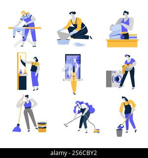 Household, cleaning service isolated icons, women or housewives vector. Electric appliances, washing window and vacuum cleaner, ironing and wiping floor, polishing mirror. Laundry and sweeping. Cleaning service and household isolated icons, women or housewives Stock Vector