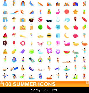100 summer icons set. Cartoon illustration of 100 summer icons vector set isolated on white background. 100 summer icons set, cartoon style Stock Vector