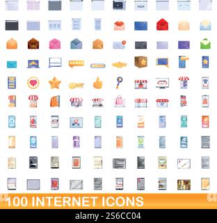 100 internet icons set. Cartoon illustration of 100 internet icons vector set isolated on white background. 100 internet icons set, cartoon style Stock Vector