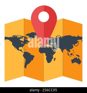 Paper world map with geotag, red location pointer vector. Push pin to mark visited or planned places. Abstract delineation of earth continents and countries shapes. Geolocation and global network. Paper world map with geotag, red location pointer Stock Vector