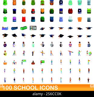 100 school icons set. Cartoon illustration of 100 school icons vector set isolated on white background. 100 school icons set, cartoon style Stock Vector