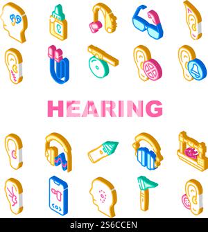 Hearing Equipment Collection Icons Set Vector. Cochlear Implant And Hearing Testing, Tool For Cleaning Ears And Otoscope Medical Device Isometric Sign Color Illustrations. Hearing Equipment Collection Icons Set Vector Stock Vector