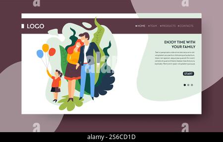 Healthcare, travel and enjoying family activities landing web page template vector. Celebrations holidays and walking together, parents and child with balloons. Mother and father, girl or daughter. Family time landing web page template, healthcare and lifestyle Stock Vector