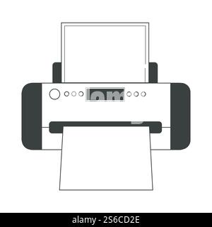 Printing house industry, documents production, offset printer, laser copy machine isolated object vector. Fax or office equipment, paper a4 sheet and printed text document. Laser ink jet copier symbol. Printer isolated electronic device, documents production, printing house Stock Vector