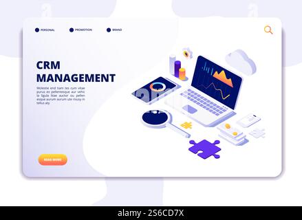 Crm concept. Customer relationship management. Database web system solution. Isometric landing page. Illustration of crm management, strategy market, analysis promotion. Crm concept. Customer relationship management. Database web system solution. Isometric landing page Stock Vector