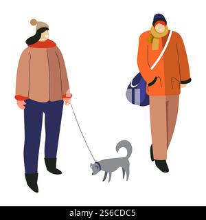 Man and woman dressed in winter clothing standing, girl holding dog on leash, isolated characters vector. Owner with pet and passer-by with bag, outdoor activity. Couple walking in cold weather. Winter activity, woman walking with dog and guy with bag Stock Vector