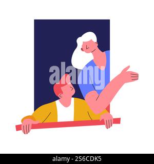 Window woman and man looking out from apartment girl and guy vector isolated icon windowsill evening in big city or town female and male characters, watching on street couple in flat plastic framework. Man and woman in window looking out from apartment isolated characters Stock Vector