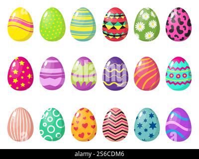Cartoon colorful easter eggs vector with patterns isolated on white background. Easter egg pattern, different and various oval gifts illustration. Cartoon colorful easter eggs vector with patterns isolated on white background Stock Vector