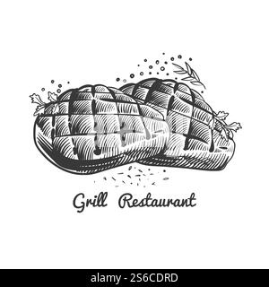 Grill restaurant, steak house vector illustration with hand drawn steaks and spicy. Grilled restaurant emblem, spicy hot fresh. Grill restaurant, steak house vector illustration with hand drawn steaks and spicy Stock Vector