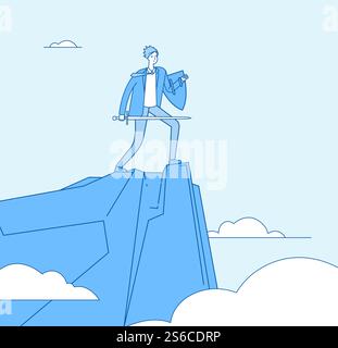 Business warrior. Businessman conqueror knight holding sword and protected shield. Precaution security protection vector concept. Business warrior knight, businessman with sword illustration. Business warrior. Businessman conqueror knight holding sword and protected shield. Precaution security protection vector concept Stock Vector