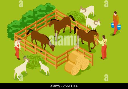Animal farm, livestock with horses, goats, sheeps and workers isometric vector illustration. Livestock farm isometric, horse and sheep. Animal farm, livestock with horses, goats, sheeps and workers isometric vector illustration Stock Vector