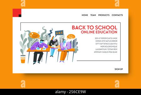 Distant education, online courses, e-learning and tutorials landing web page vector. Back to school Internet site, pupils or students at desk writing test. Training and learning mobile website. Online education, e-learning or Internet course landing web page Stock Vector