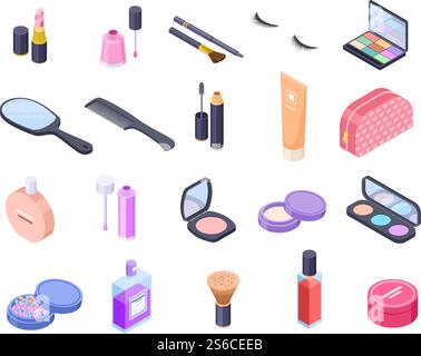 Isometric cosmetics. Cosmetic product bottle eyeshadow brush blush powder mascara makeup perfume pack balm. Beauty 3d vector isolated. Bottle and pack container for cosmetic illustration. Isometric cosmetics. Cosmetic product bottle eyeshadow brush blush powder mascara makeup perfume pack balm. Beauty 3d vector isolated Stock Vector
