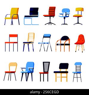 Furniture, chairs with upholstery and wooden legs isolated objects vector. Comfort and interior decoration, armchair and seat, furnished apartment. Interior design, office-chair or easy-chair,. Chairs or armchairs, seats or interior design element isolated objects Stock Vector