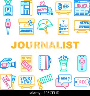 Journalist Accessories Collection Icons Set Vector. Journalist Badge And Helmet, Microphone And Video Camera Device, Sport And Fake News Concept Linear Pictograms. Color Contour Illustrations. Journalist Accessories Collection Icons Set Vector Stock Vector