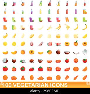 100 vegetarian icons set. Cartoon illustration of 100 vegetarian icons vector set isolated on white background. 100 vegetarian icons set, cartoon style Stock Vector